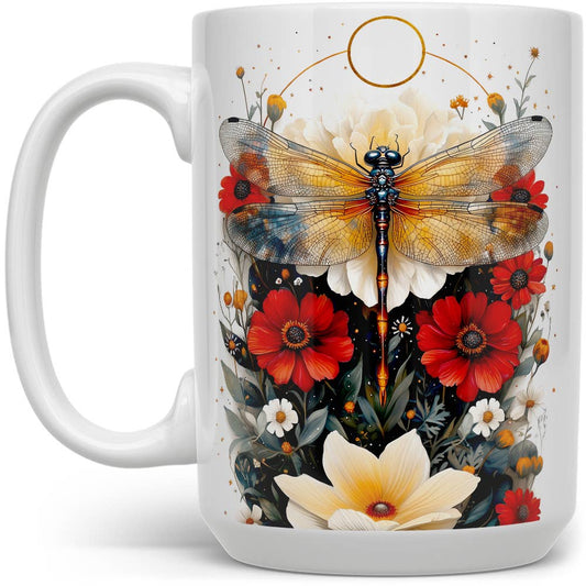 Floral Nature Dragonfly Ceramic Mug, Garden Celestial Gifts: 15oz