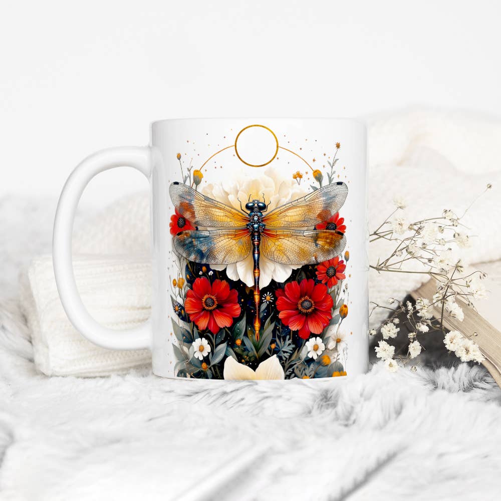 Floral Nature Dragonfly Ceramic Mug, Garden Celestial Gifts: 15oz