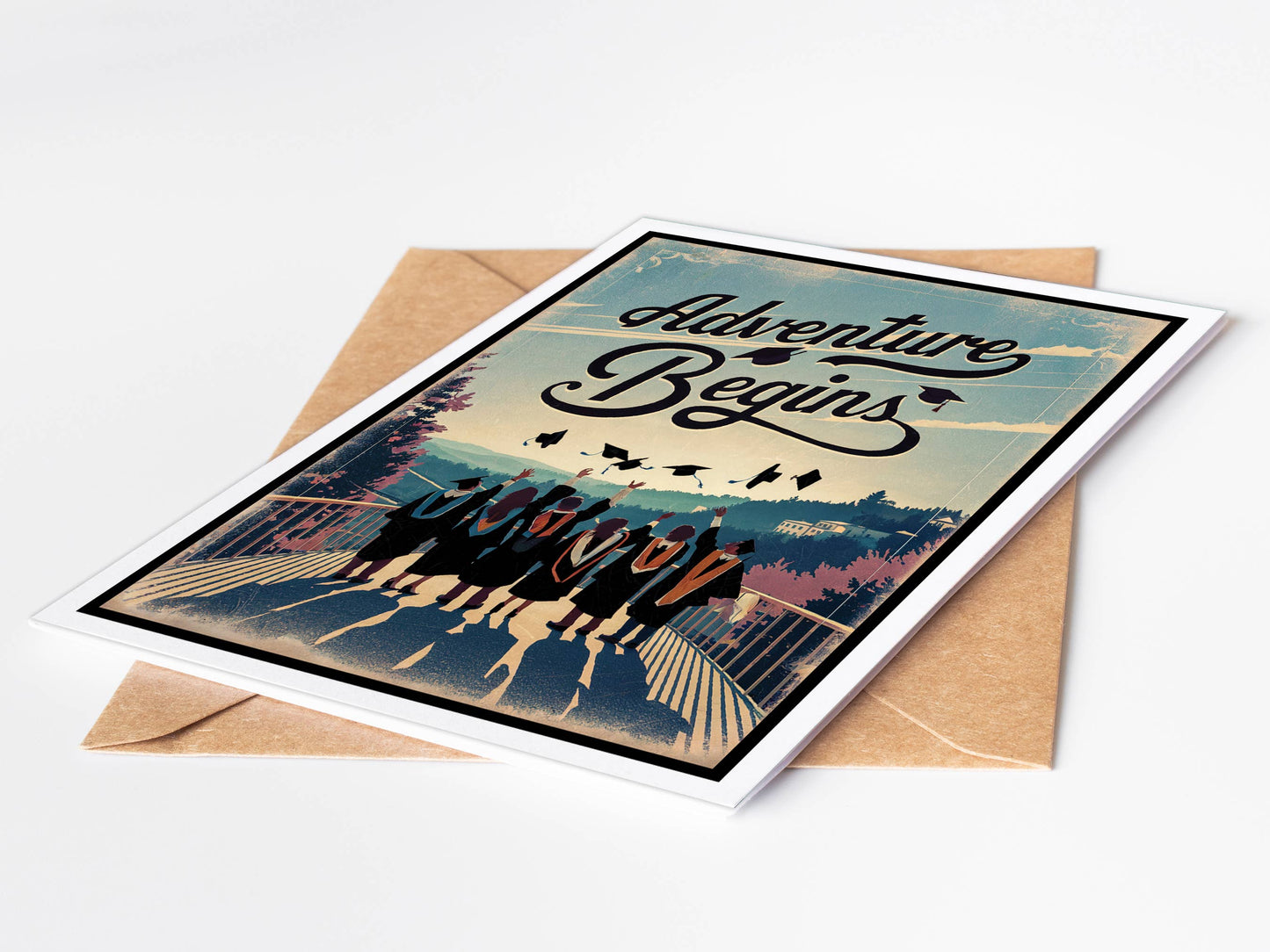 Greeting card with 'Adventure Begins' text and silhouette of people on a mountain, placed on a white background.