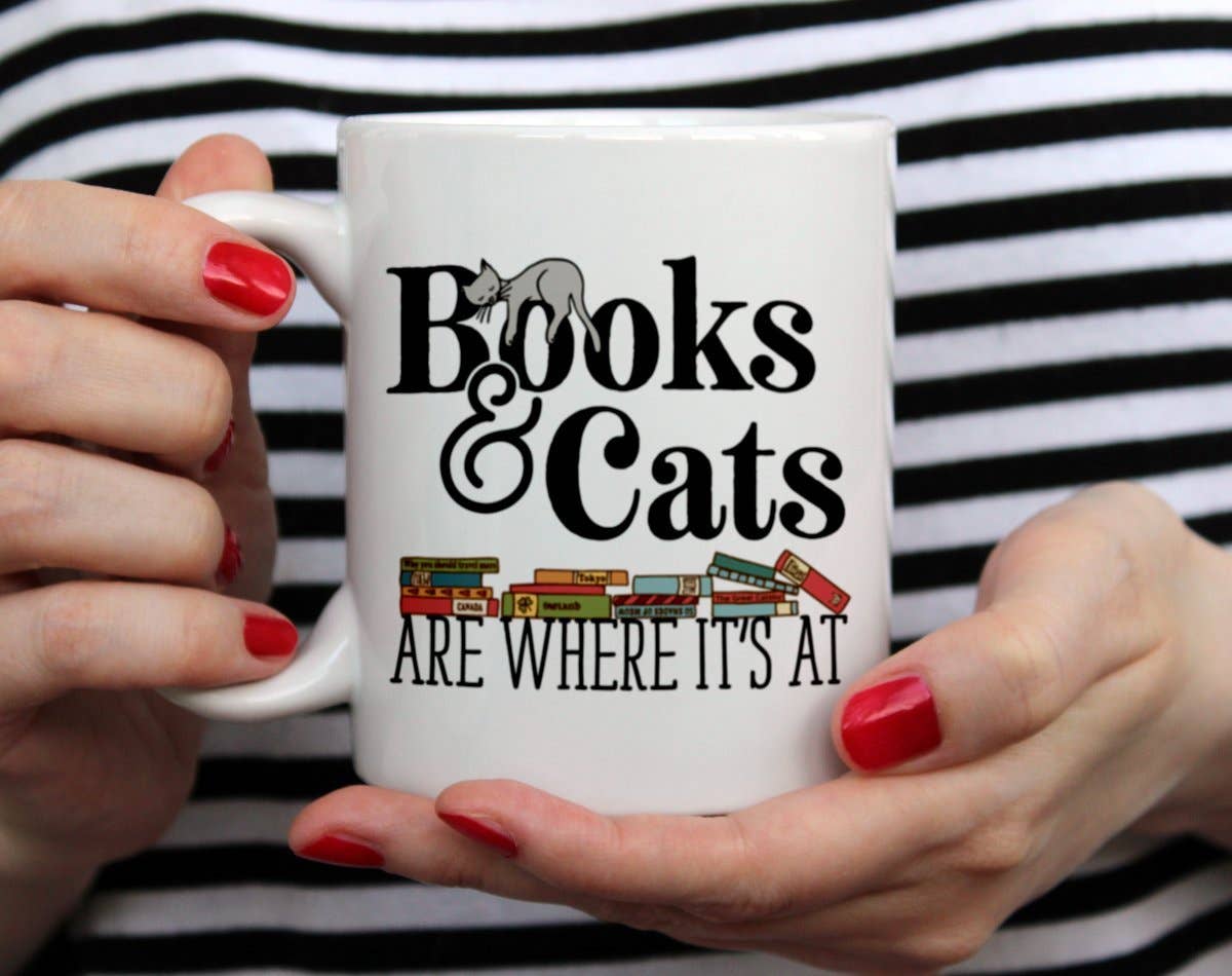 Books & Cats Ceramic Mug, Funny Cute Bookish Cat Lover Gifts: 11oz