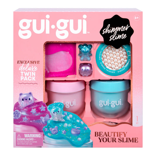 gui-gui slime kit packaging with pink and blue containers and accessories on a white background