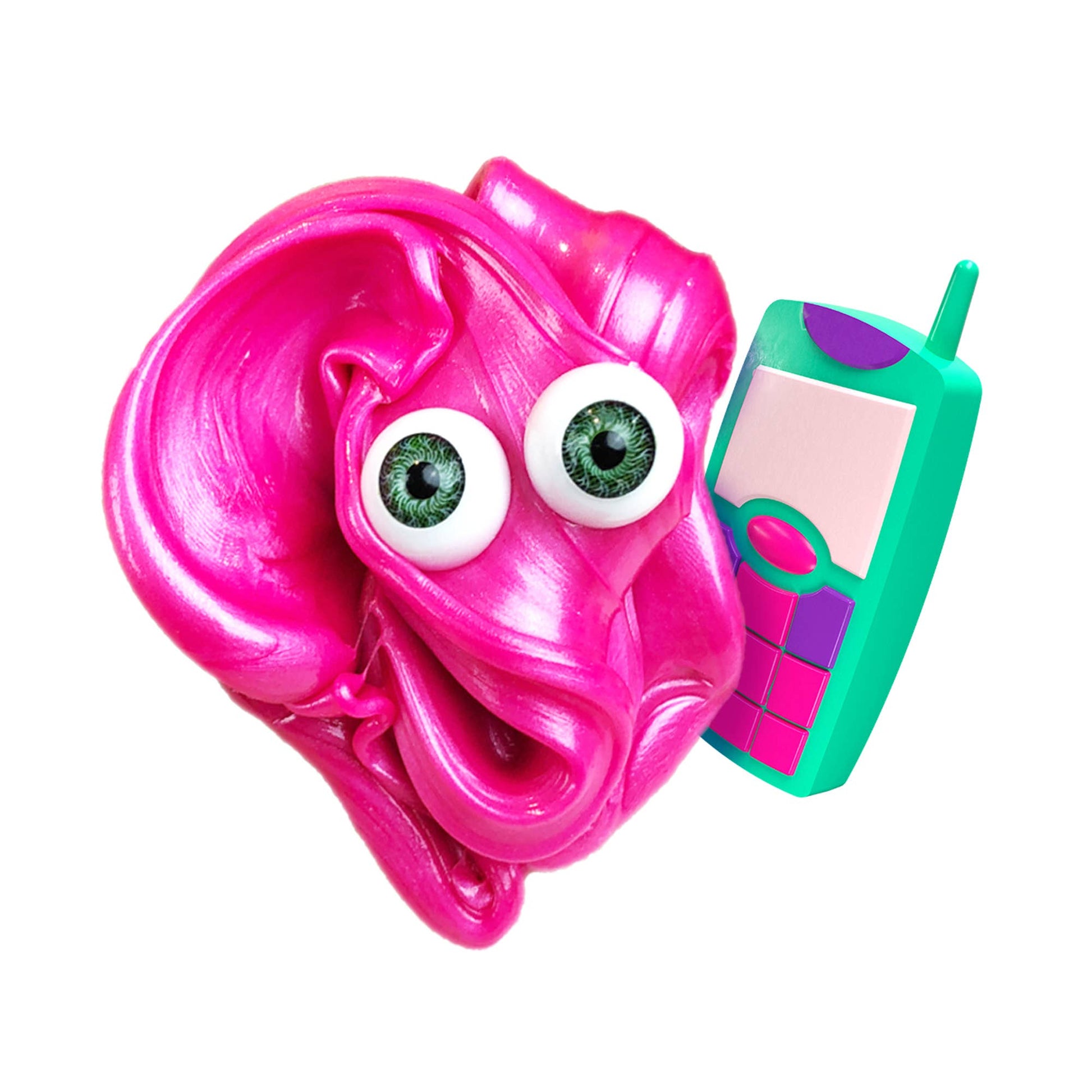 Pink creature with googly eyes holding a green toy phone on a white background