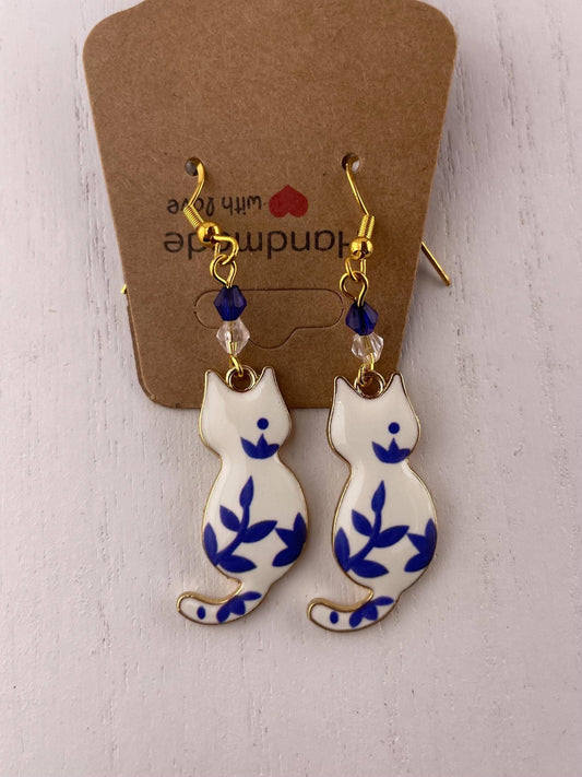 Gold Beaded Cat Earrings | Elegant Animal Lovers Gift: Porcelain kitty