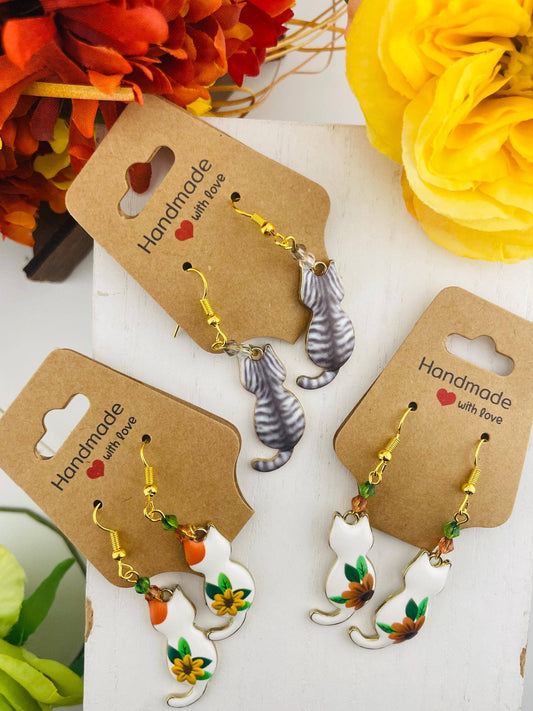 Gold Spring Beaded Cat Earrings with Sunflower | Floral: Chic in bloom