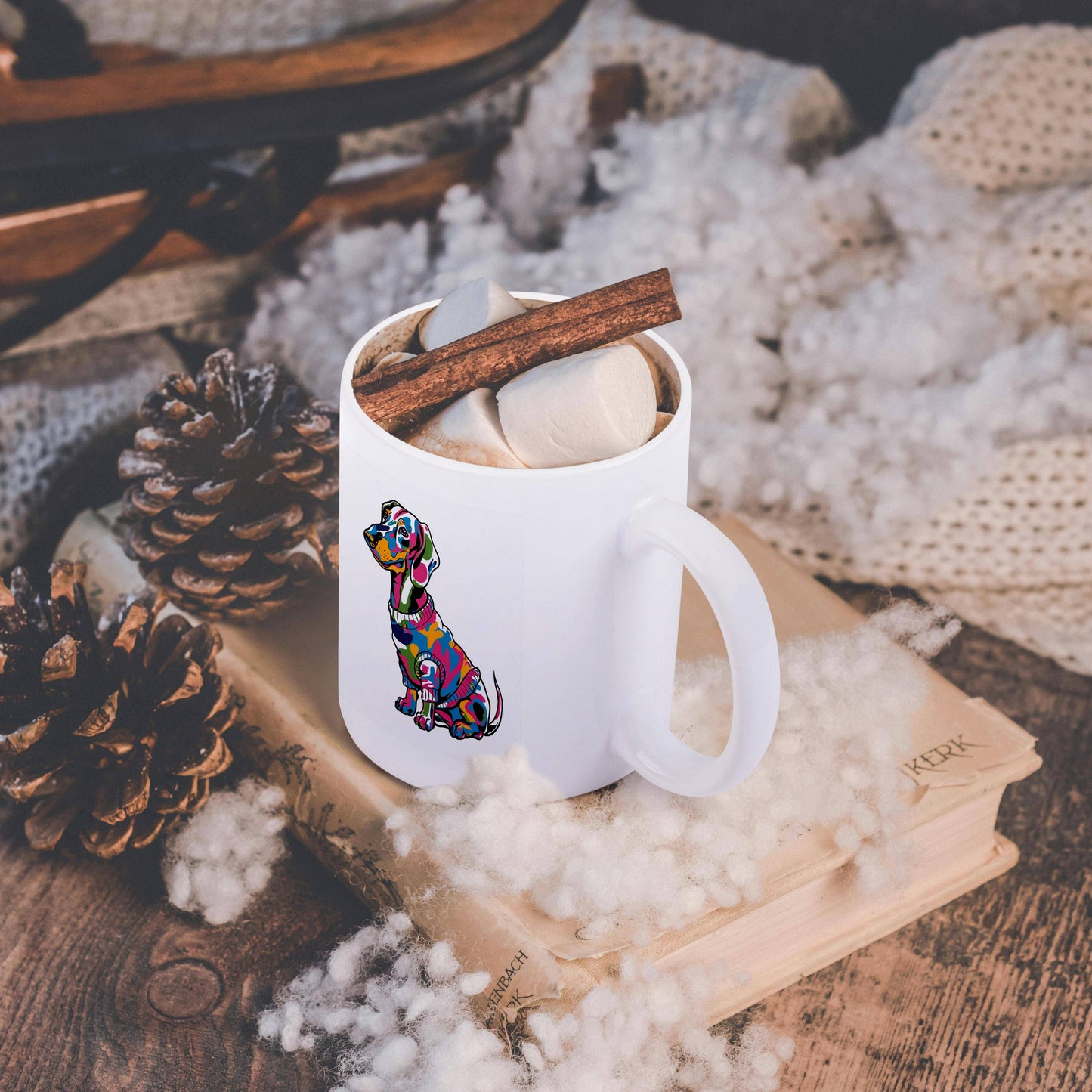 3dRose, Funny Cute Cool Dachshund Puppy Dog Wearing Colorful Sweater Graffiti, Mug: 11oz Two-Tone Black Mug