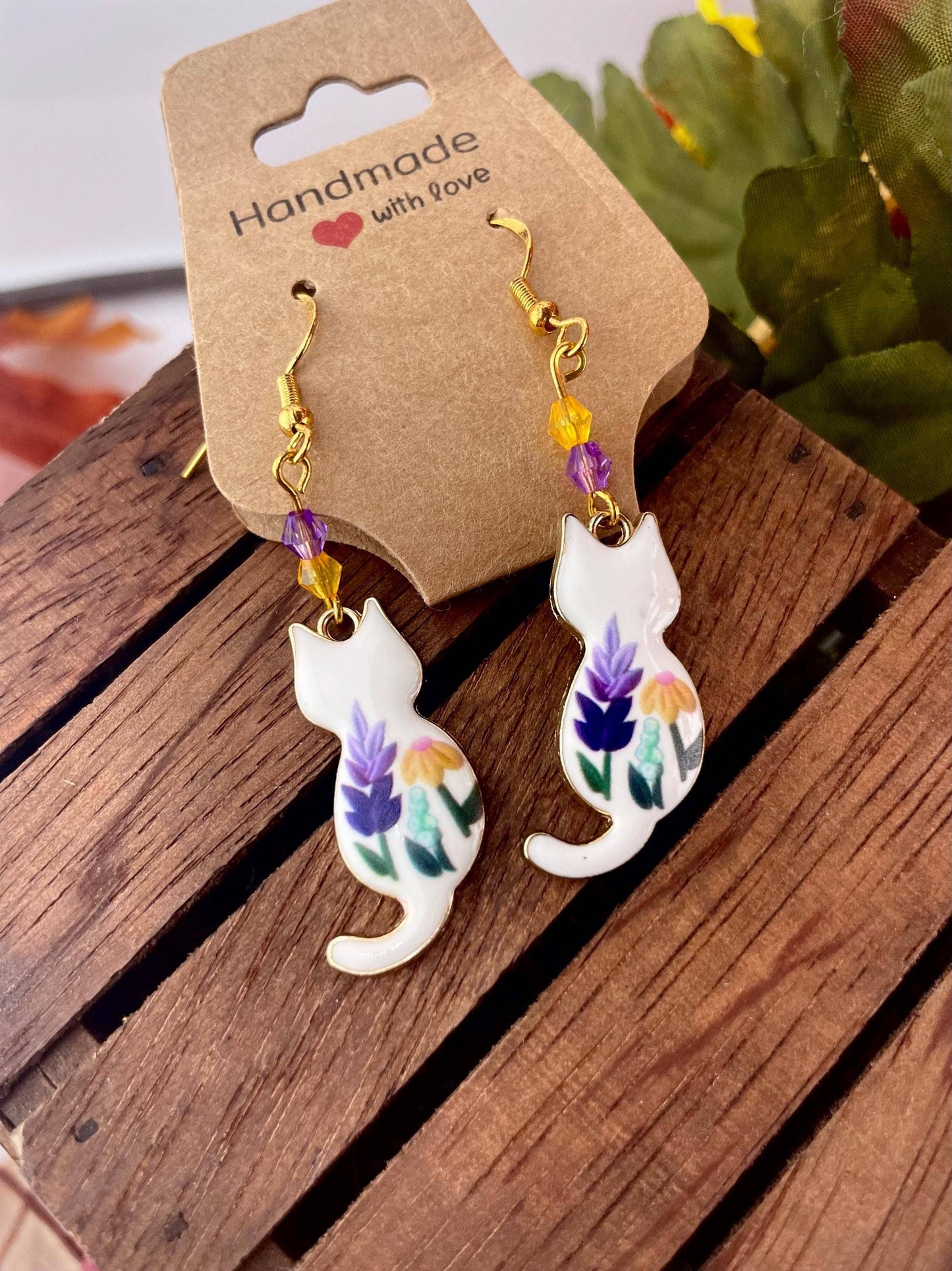 Gold Beaded Cat Earrings | Elegant Animal Lovers Gift: Autumn fog