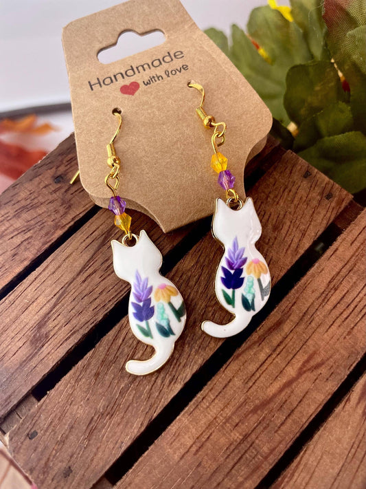 Gold Beaded Cat Earrings | Elegant Animal Lovers Gift: Lavender love