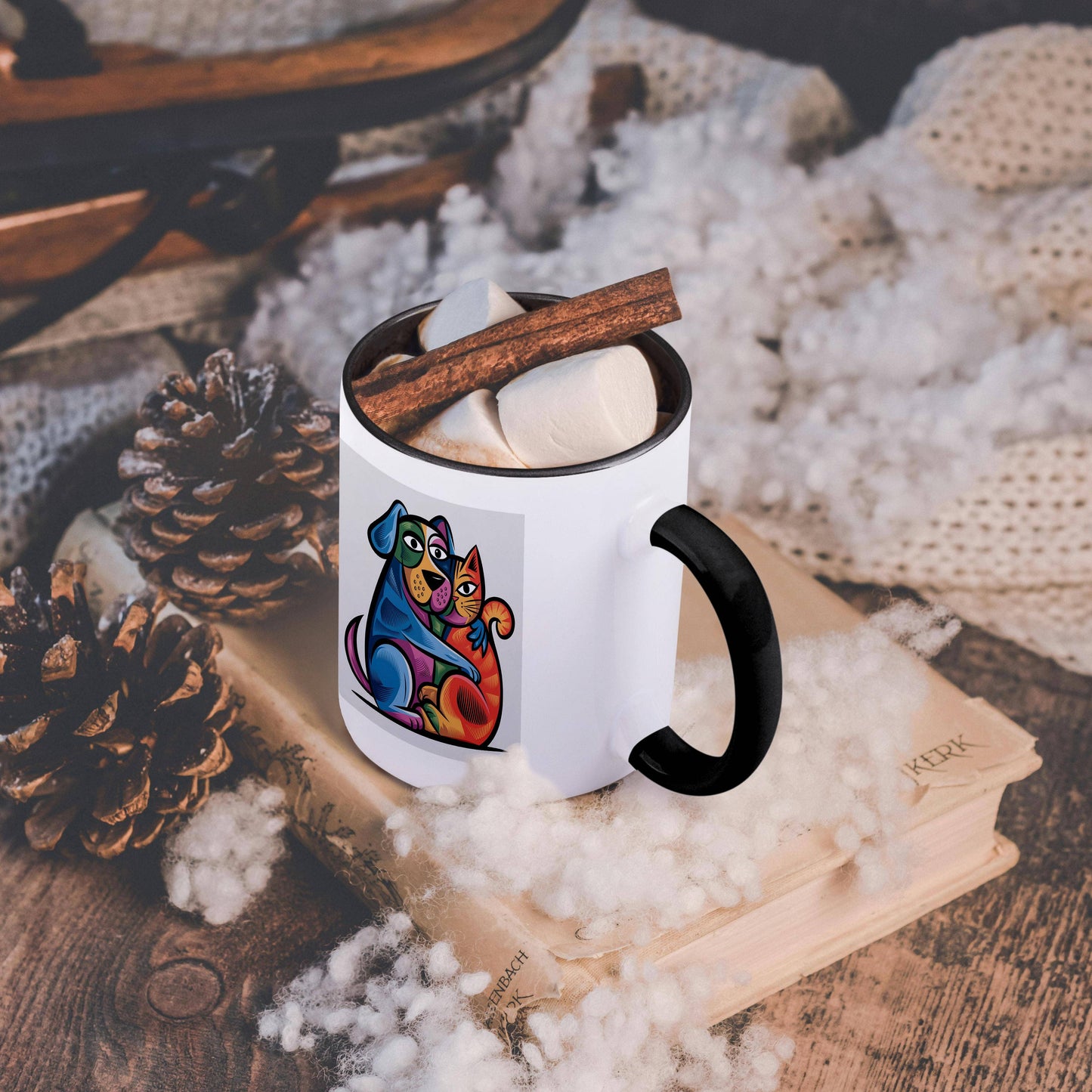 3dRose, Funny Cute Cool Rescue Dog Hugging Cat Pet Love Graffiti Abstract, Mug: 11oz Two-Tone Black Mug