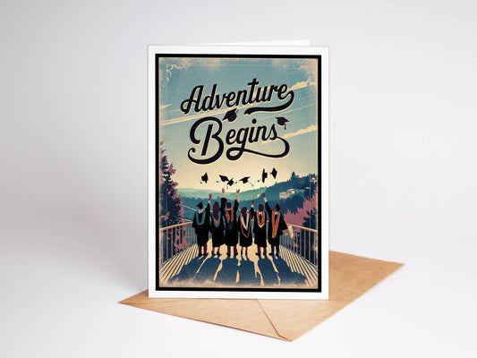 Greeting card with 'Adventure Begins' text and silhouette of people on a bridge, on a white background.