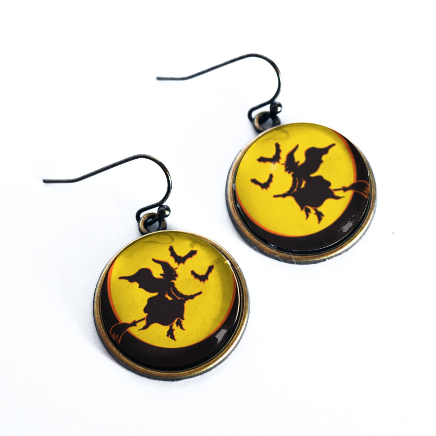 Flying Witch Retro Halloween Glass Cabochon Earrings
