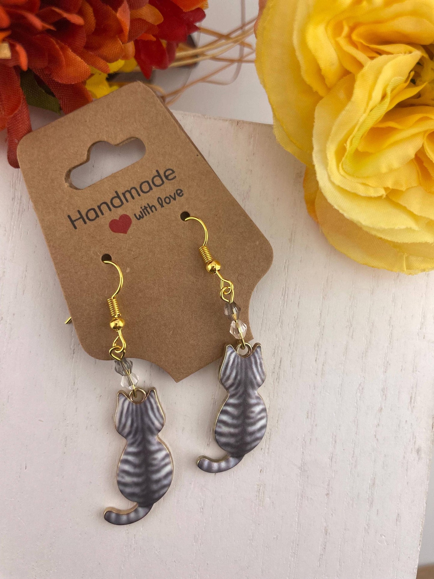 Gold Spring Beaded Cat Earrings with Sunflower | Floral: Chic in bloom