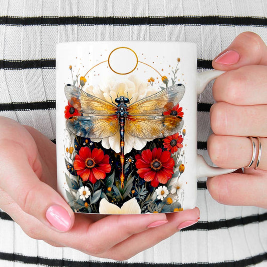 Floral Nature Dragonfly Ceramic Mug, Garden Celestial Gifts: 11oz