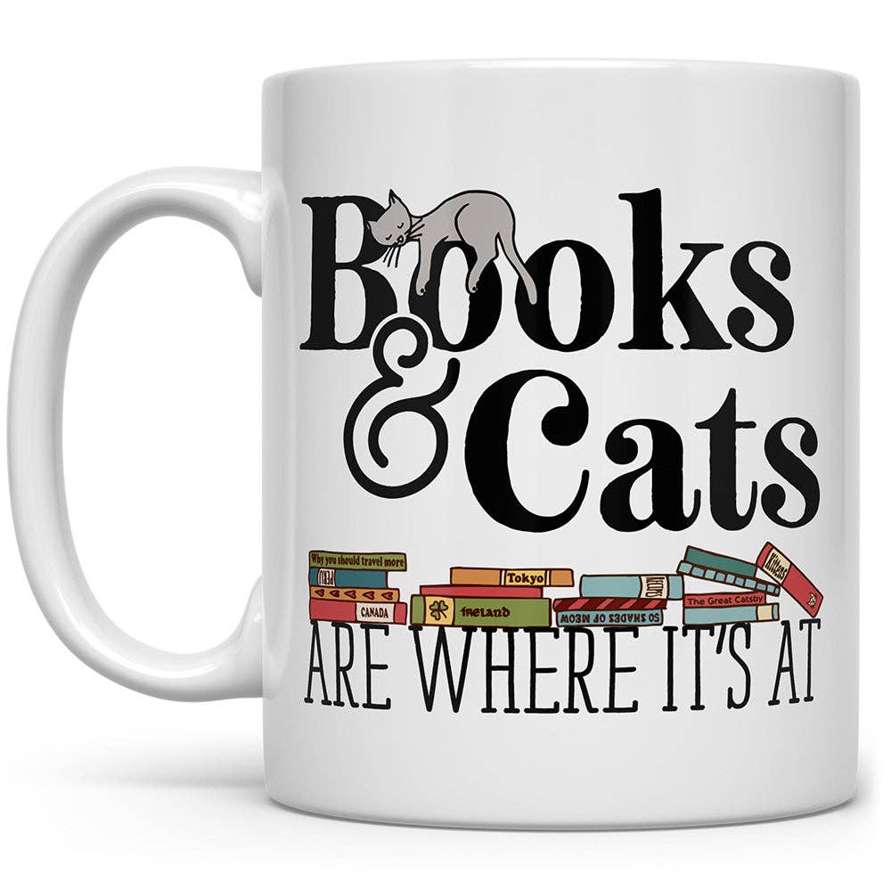 Books & Cats Ceramic Mug, Funny Cute Bookish Cat Lover Gifts: 11oz
