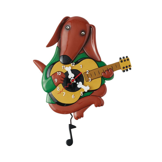 Dog-shaped wall clock playing a guitar on a white background