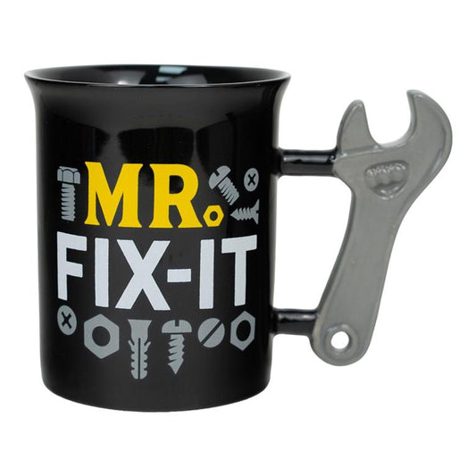 Black mug with a wrench handle and 'MR. FIX-IT' text on a white background