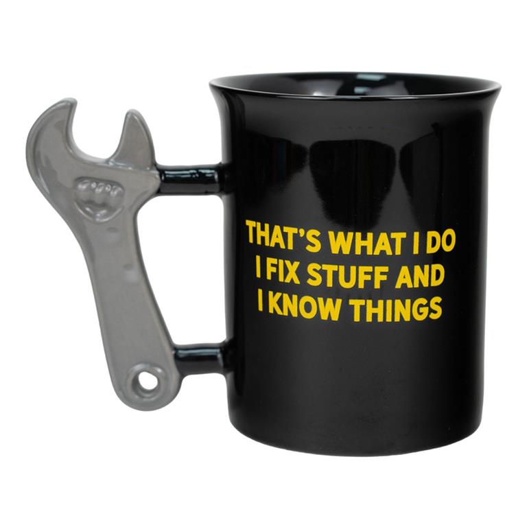 Black mug with a wrench handle and yellow text on a white background