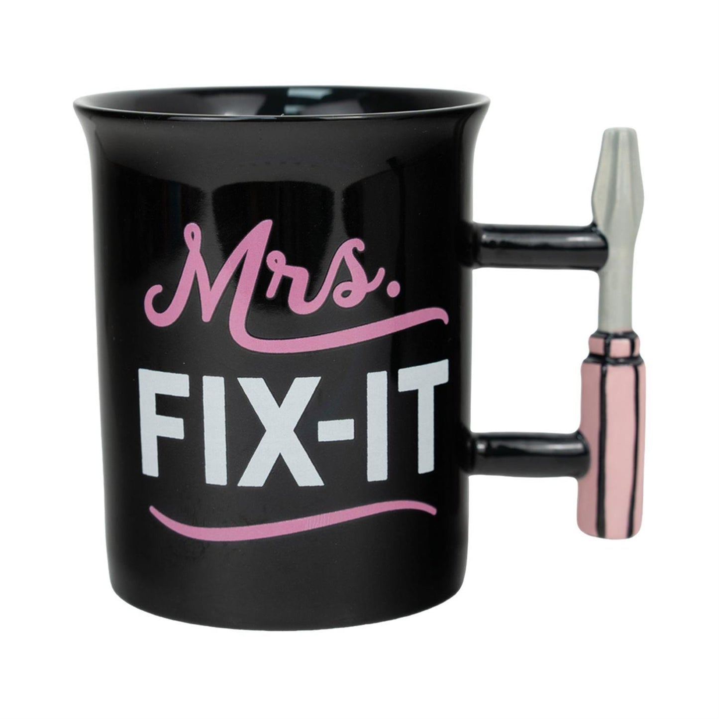 Black mug with 'Mrs. Fix-It' text and tool handle on a white background