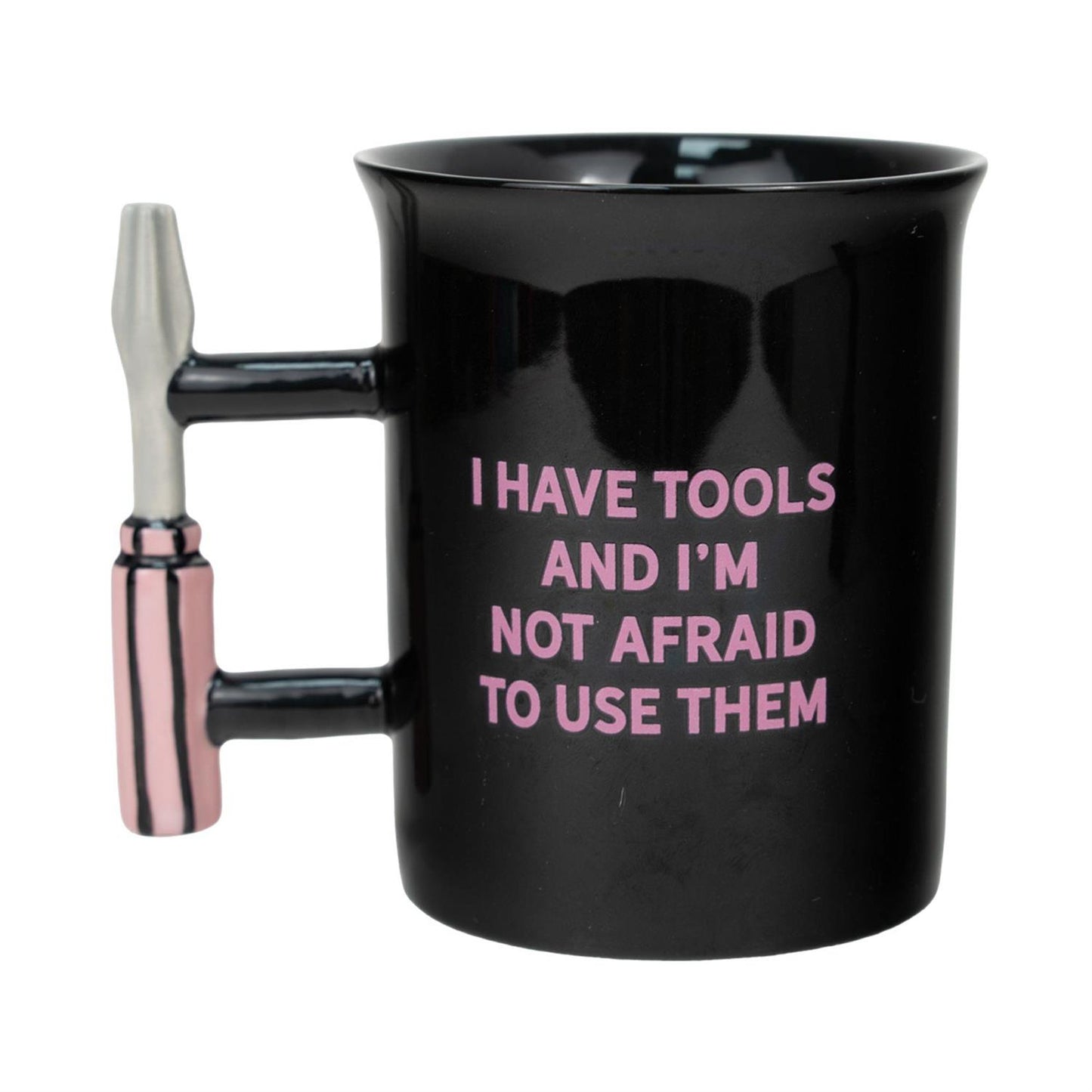 Black mug with a tool-shaped handle and pink text on a white background