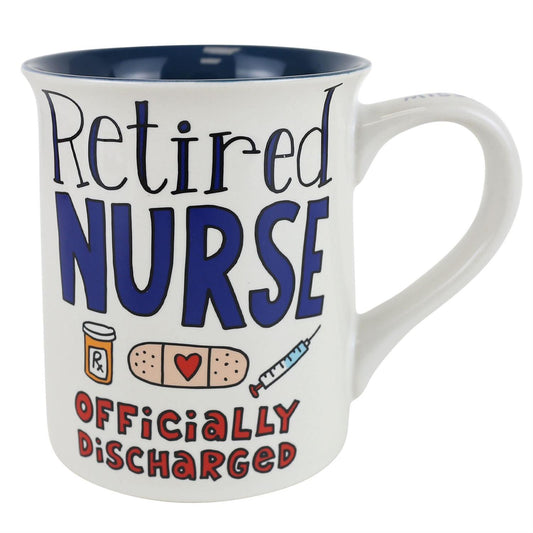 Mug with 'Retired Nurse Officially Discharged' text and medical icons on a white background