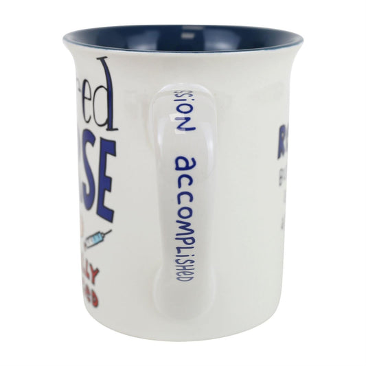 White mug with blue text and graphics on a white background
