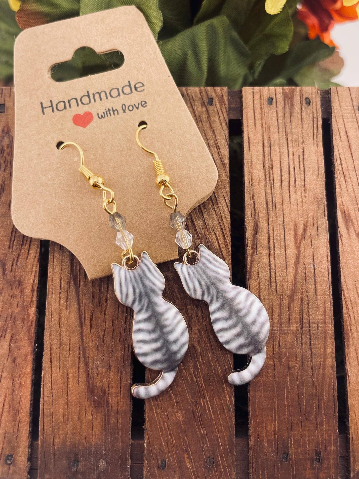 Gold Spring Beaded Cat Earrings with Sunflower | Floral: Chic in bloom