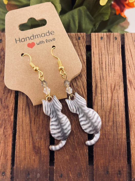 Gold Spring Beaded Cat Earrings with Sunflower | Floral: Smoky grey