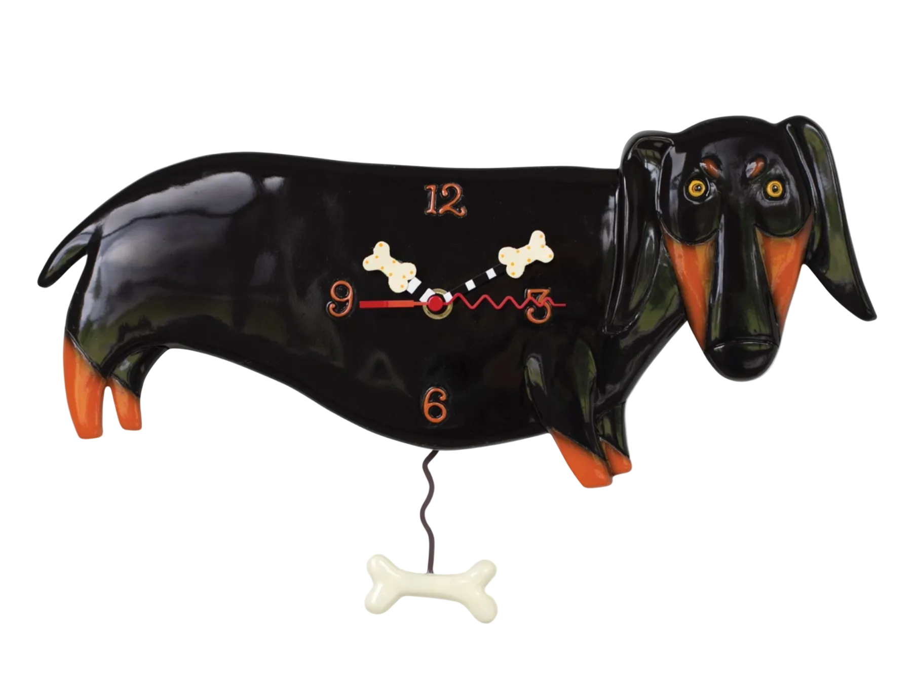 Dog-shaped clock with a bone-shaped pendulum on a white background