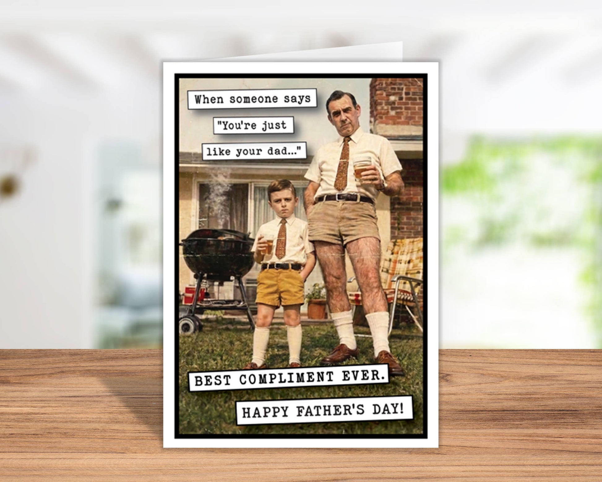 Father's Day card with a vintage-style illustration of a man and a boy standing outdoors, with text about being like your dad.
