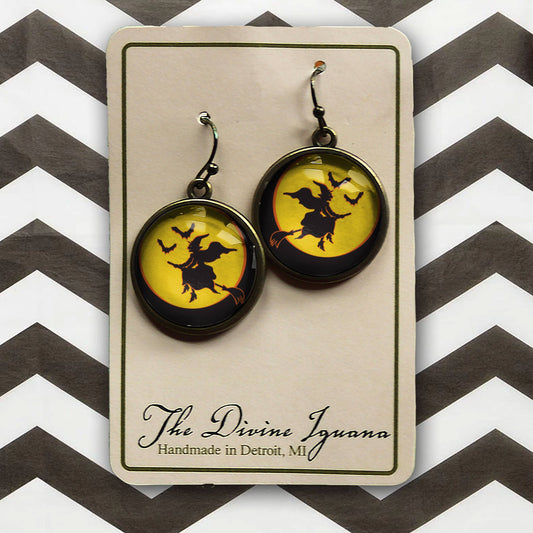 Flying Witch Retro Halloween Glass Cabochon Earrings
