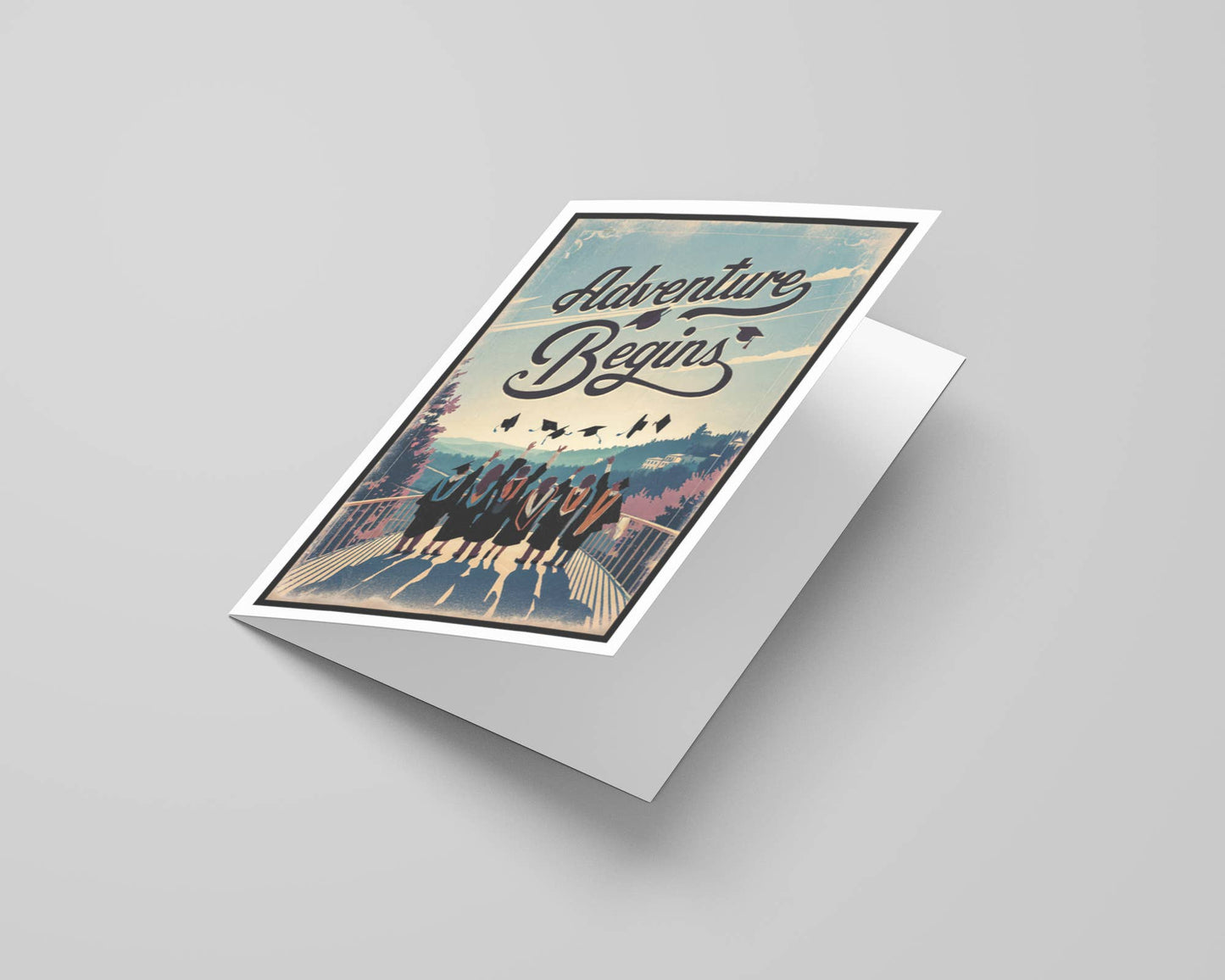 Greeting card with 'Adventure Begins' text and a scenic design on a gray background