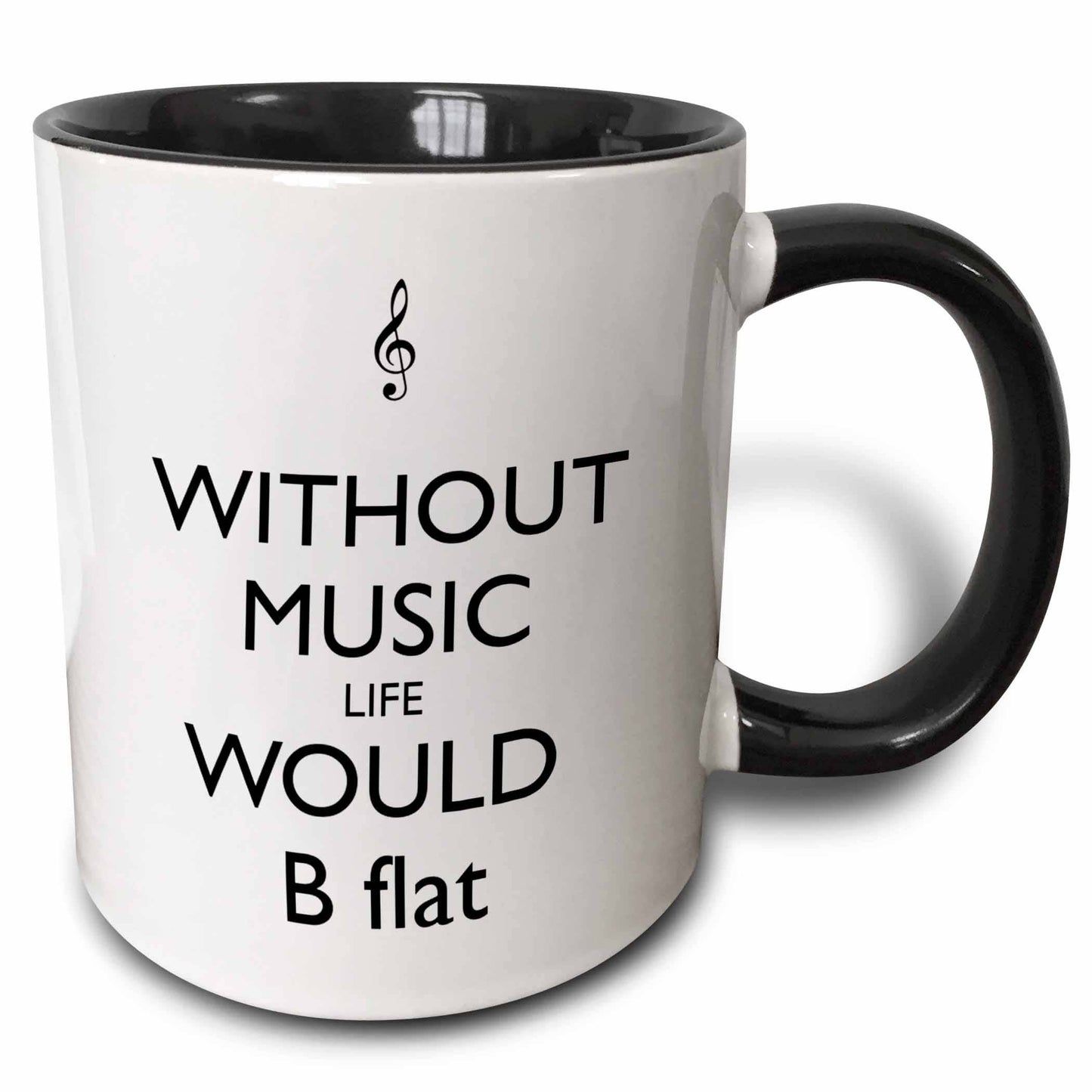 White mug with black interior and handle, featuring a music note and text on a white background