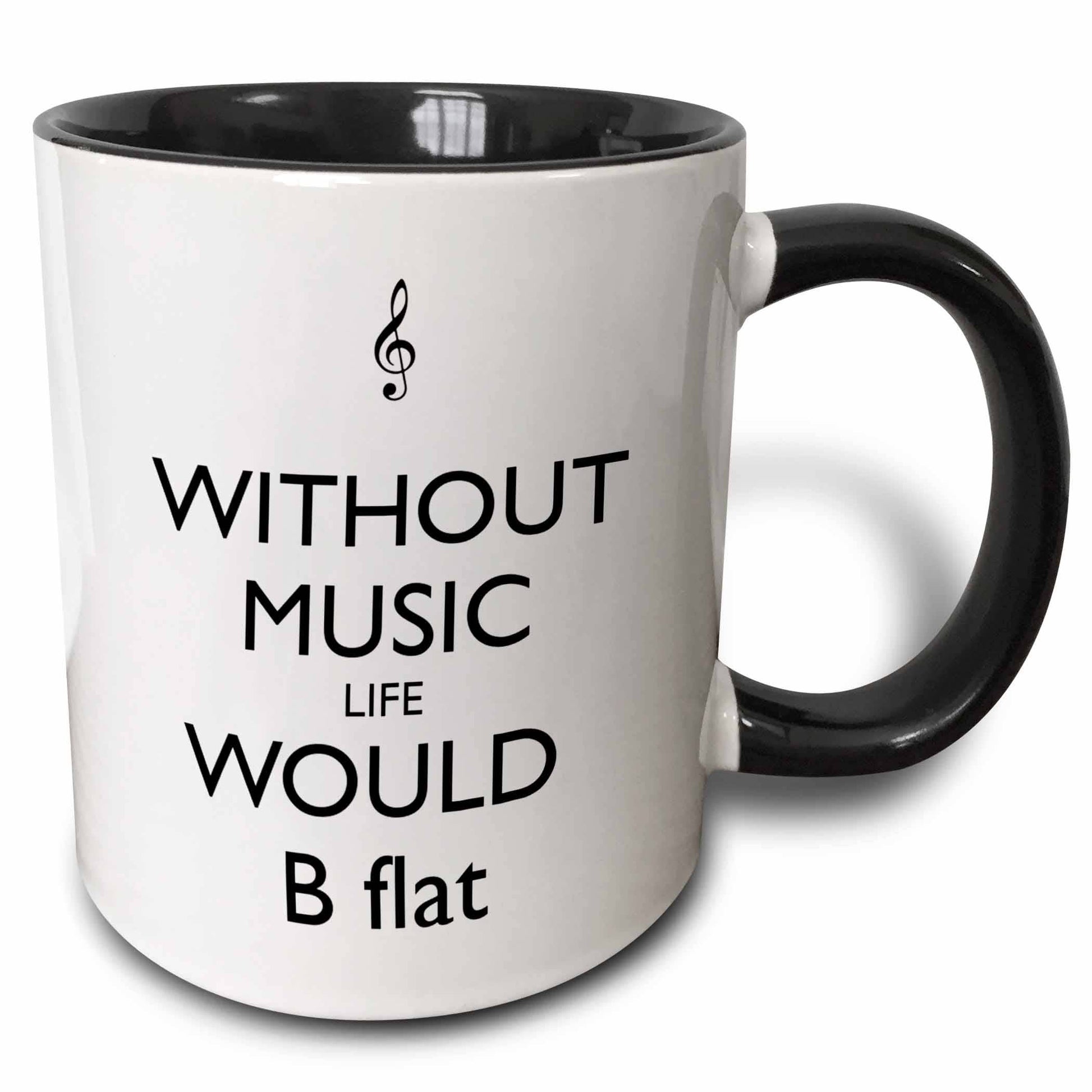 White mug with black interior and handle, featuring a music note and text on a white background