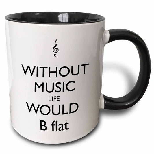 White mug with black interior and handle, featuring a music note and text on a white background