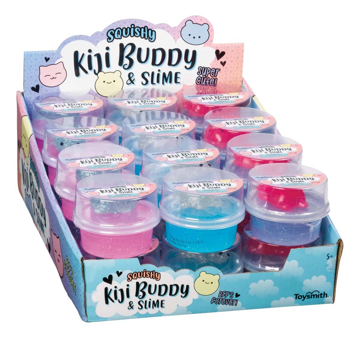 Display box of Squishy Kiji Buddy & Slime toys with various colors.