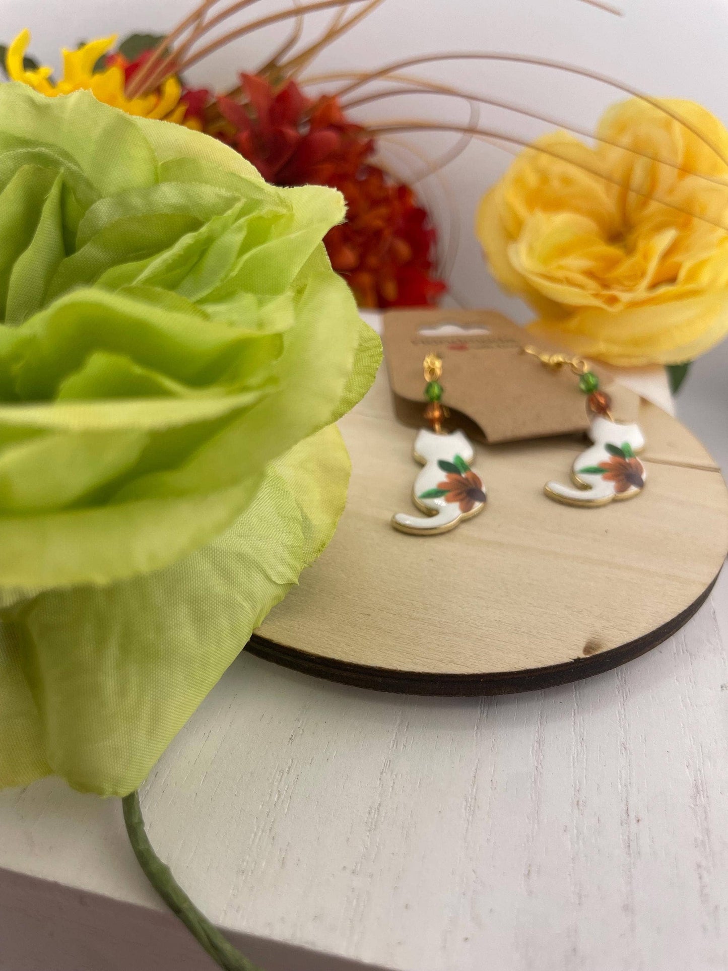 Gold Spring Beaded Cat Earrings with Sunflower | Floral: Chic in bloom
