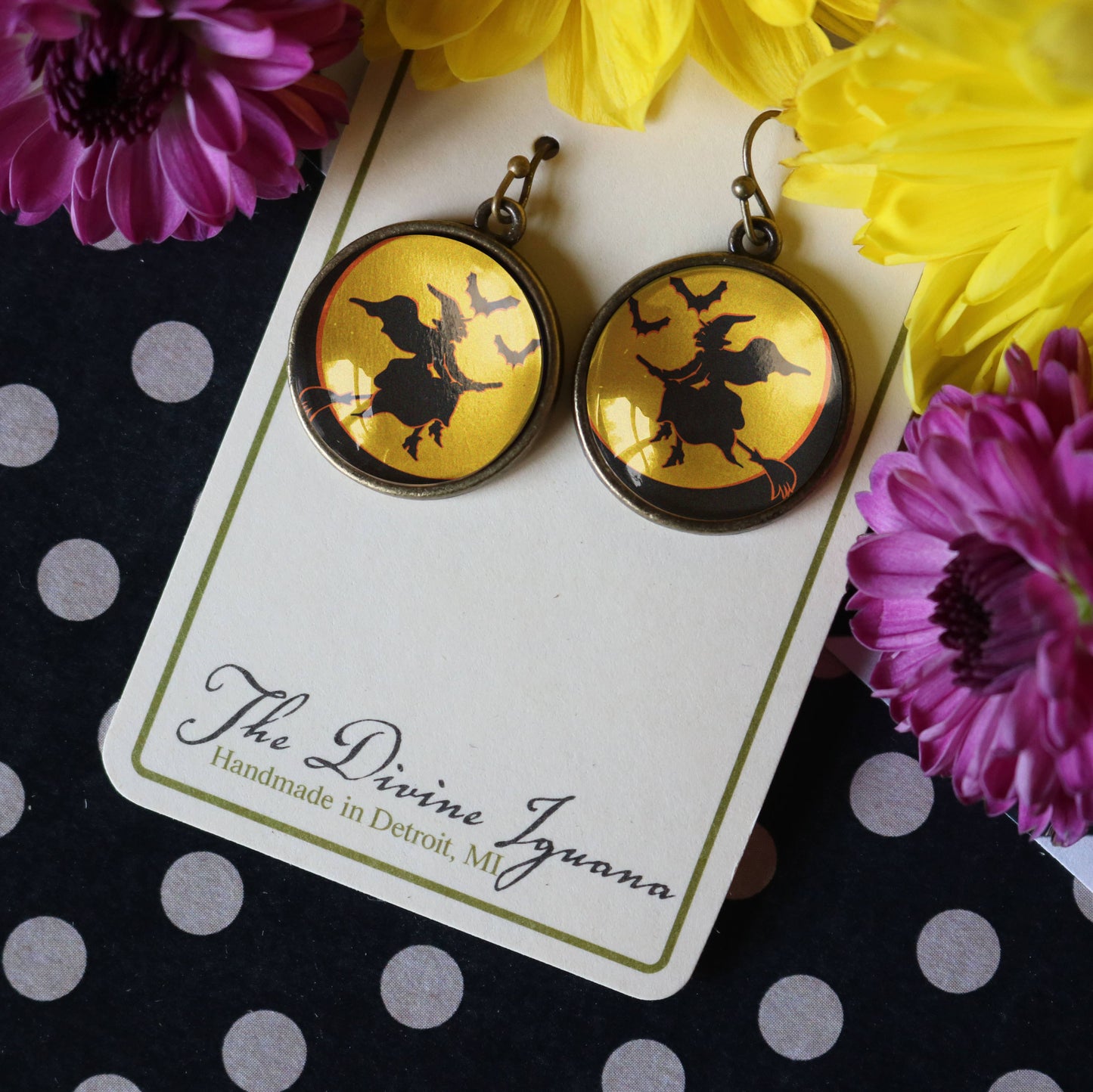 Flying Witch Retro Halloween Glass Cabochon Earrings