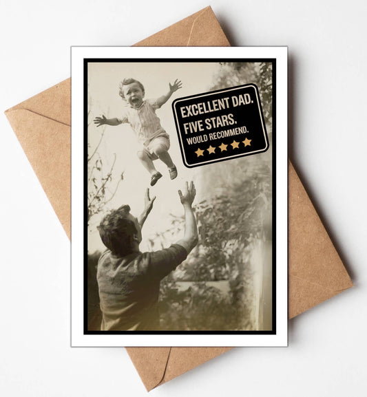 Greeting card with vintage-style photo of a man and child, and a five-star rating text on a brown envelope.