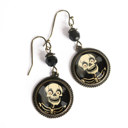 Skelly the Skeleton Retro Halloween Glass Cabochon Earrings
