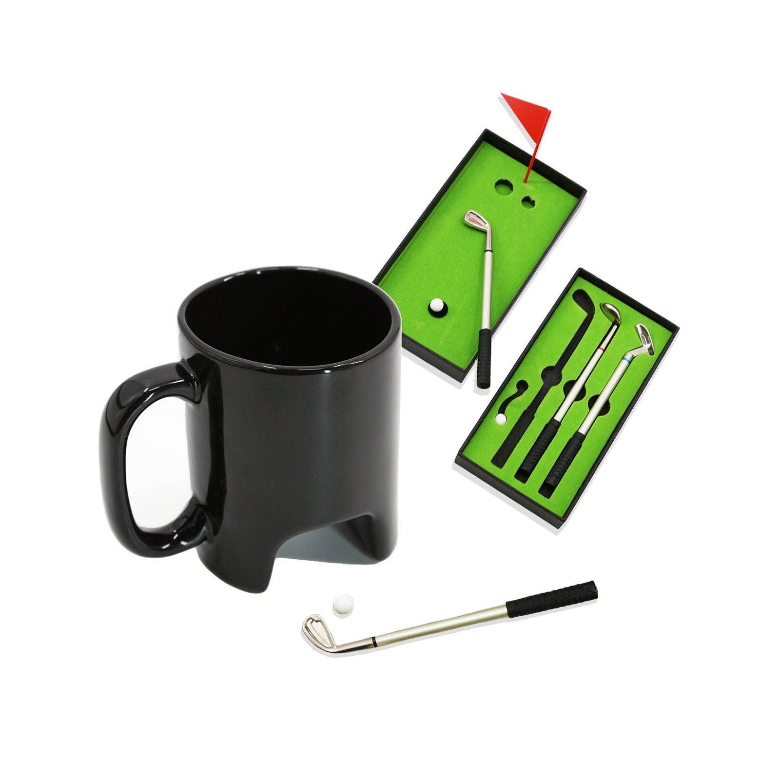 Black mug with golf-themed accessories including a mini golf course set and tools on a white background.