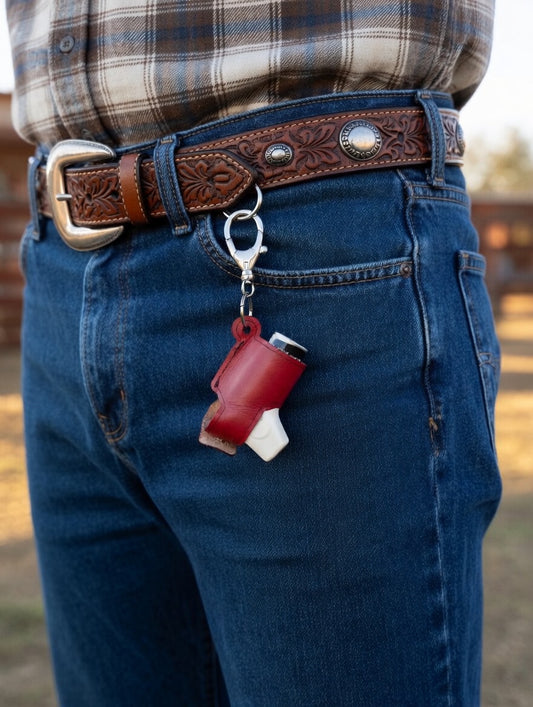 Person wearing blue jeans with a red and white keychain attached to the belt loop.