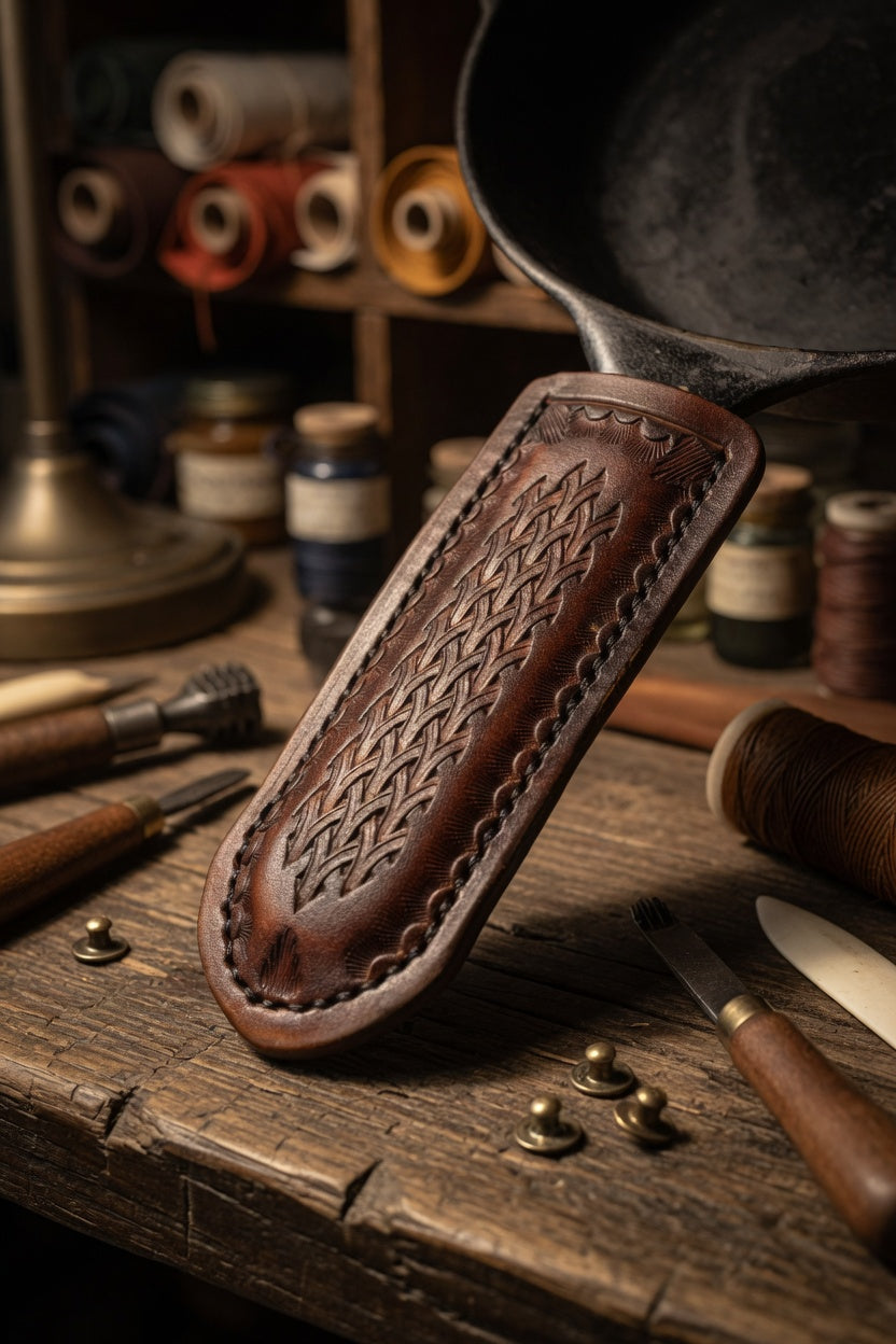 Leather Cast Iron Skillet Handle Cover sleeve Dark Brown/Black
