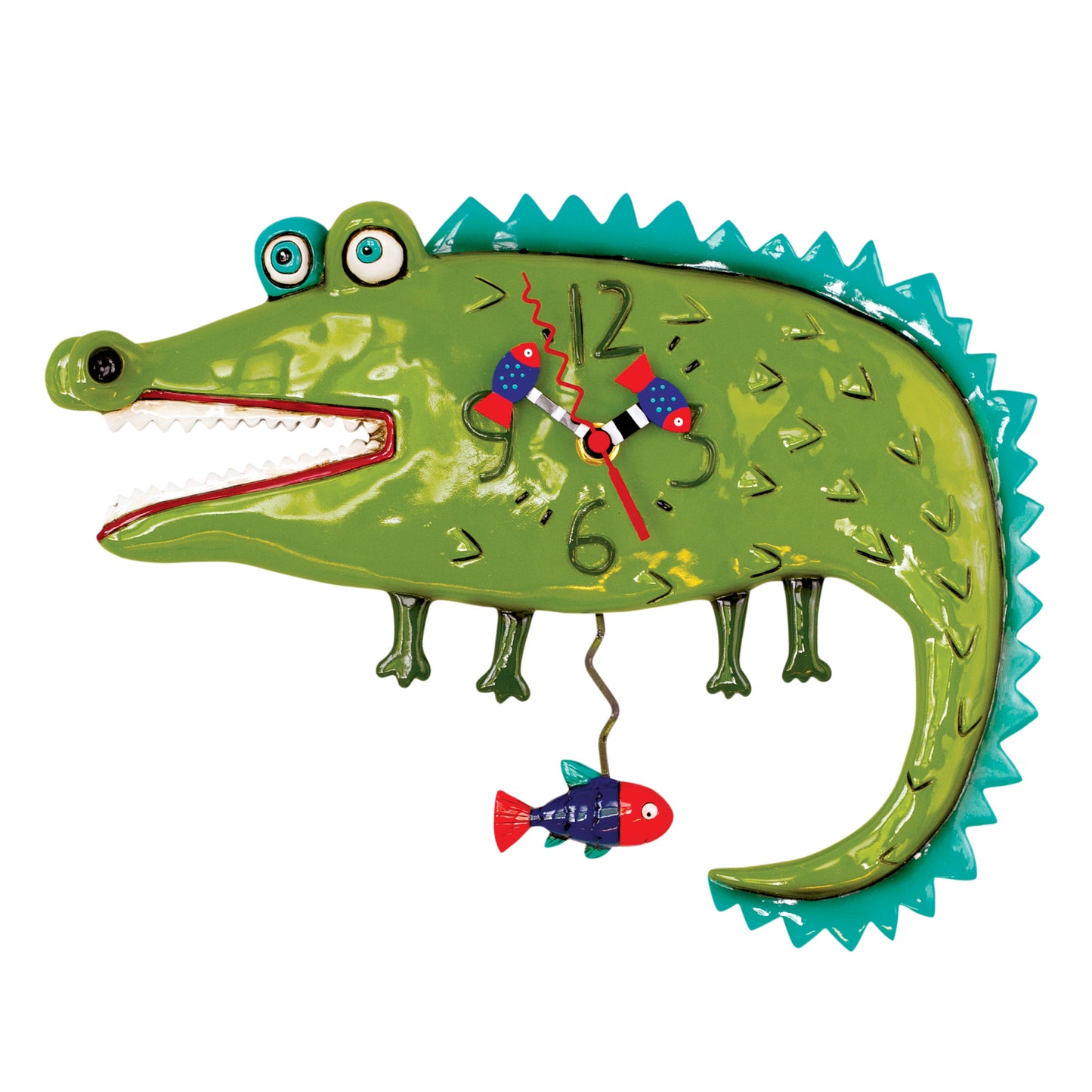 Colorful alligator-shaped clock with a fish on a white background