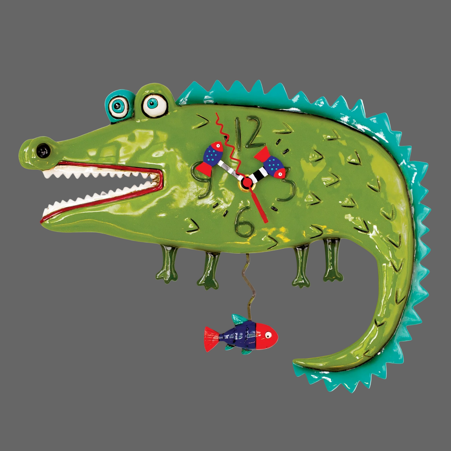 Colorful alligator-shaped clock with a fish on a gray background