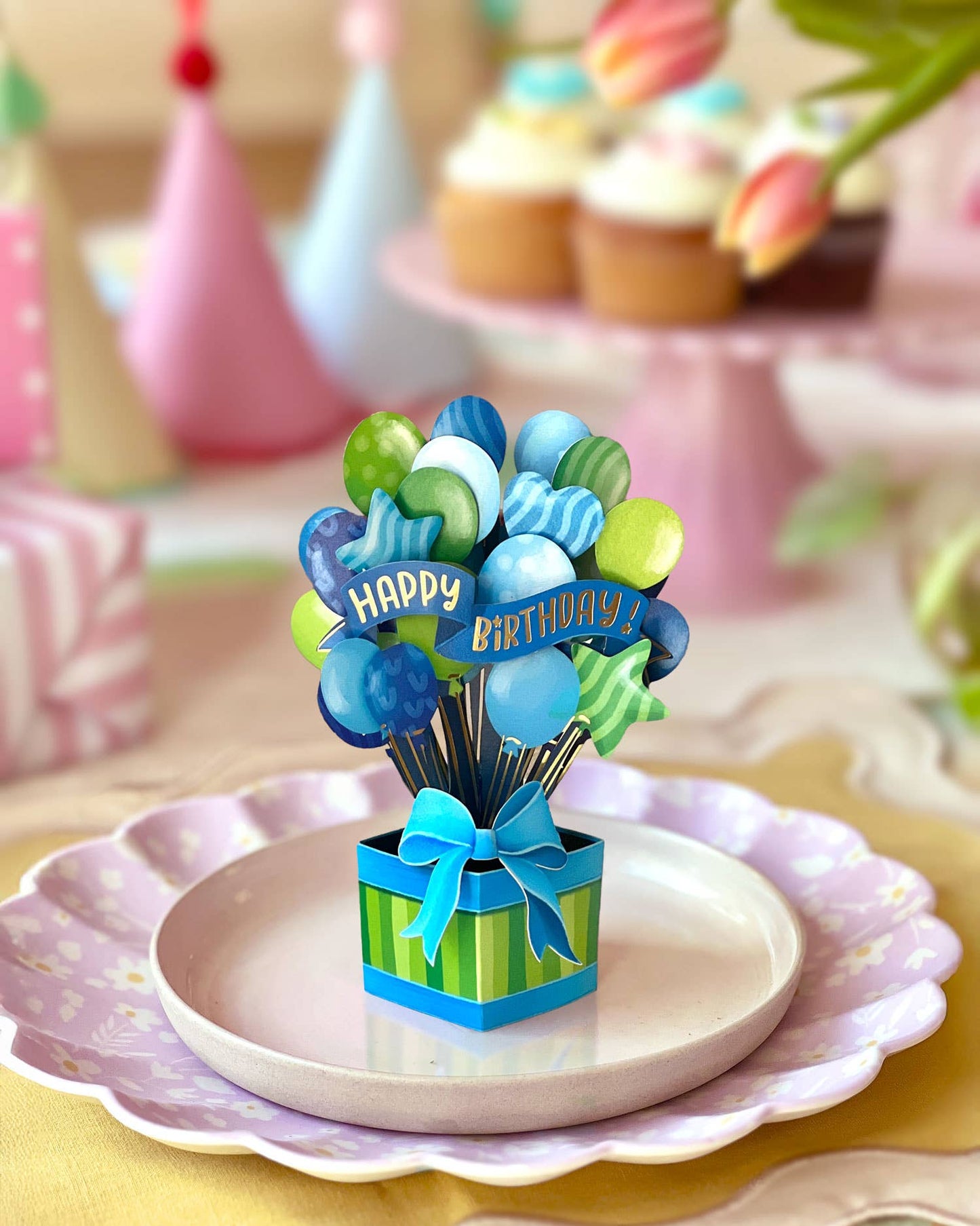 Mini Blue Birthday Balloons (10 Mini Pop-up Greeting Cards)