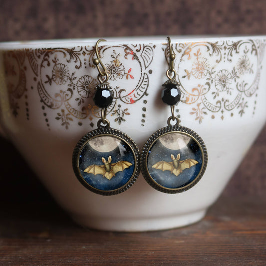 Bat and Full Moon Goth Halloween Earrings