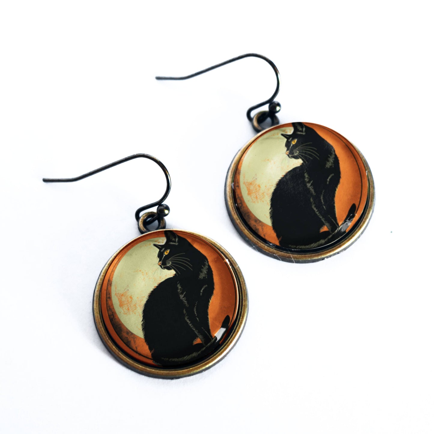 Retro Halloween Chat Noir Glass Cabochon Earrings