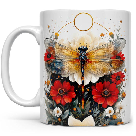 Floral Nature Dragonfly Ceramic Mug, Garden Celestial Gifts: 15oz