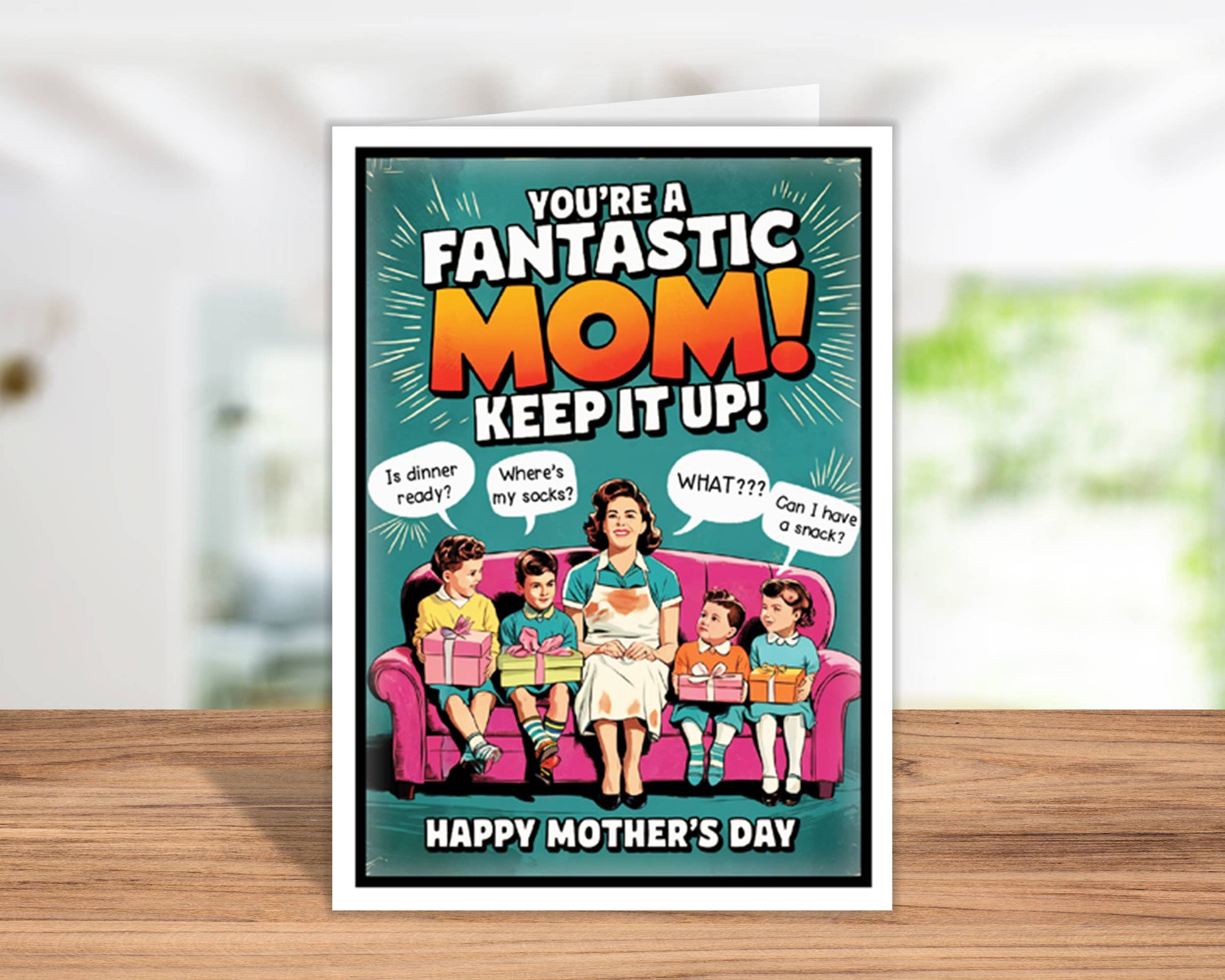 Mother's Day poster with a woman and children on a couch, featuring colorful text and a framed border.