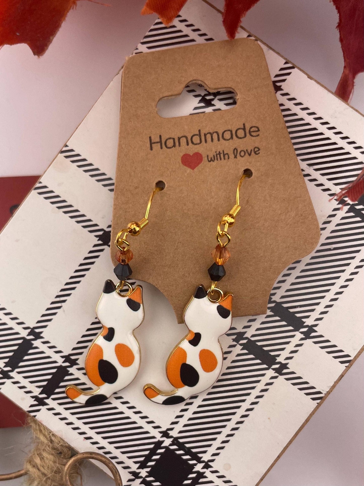 Gold Beaded Cat Earrings | Elegant Animal Lovers Gift: Autumn fog