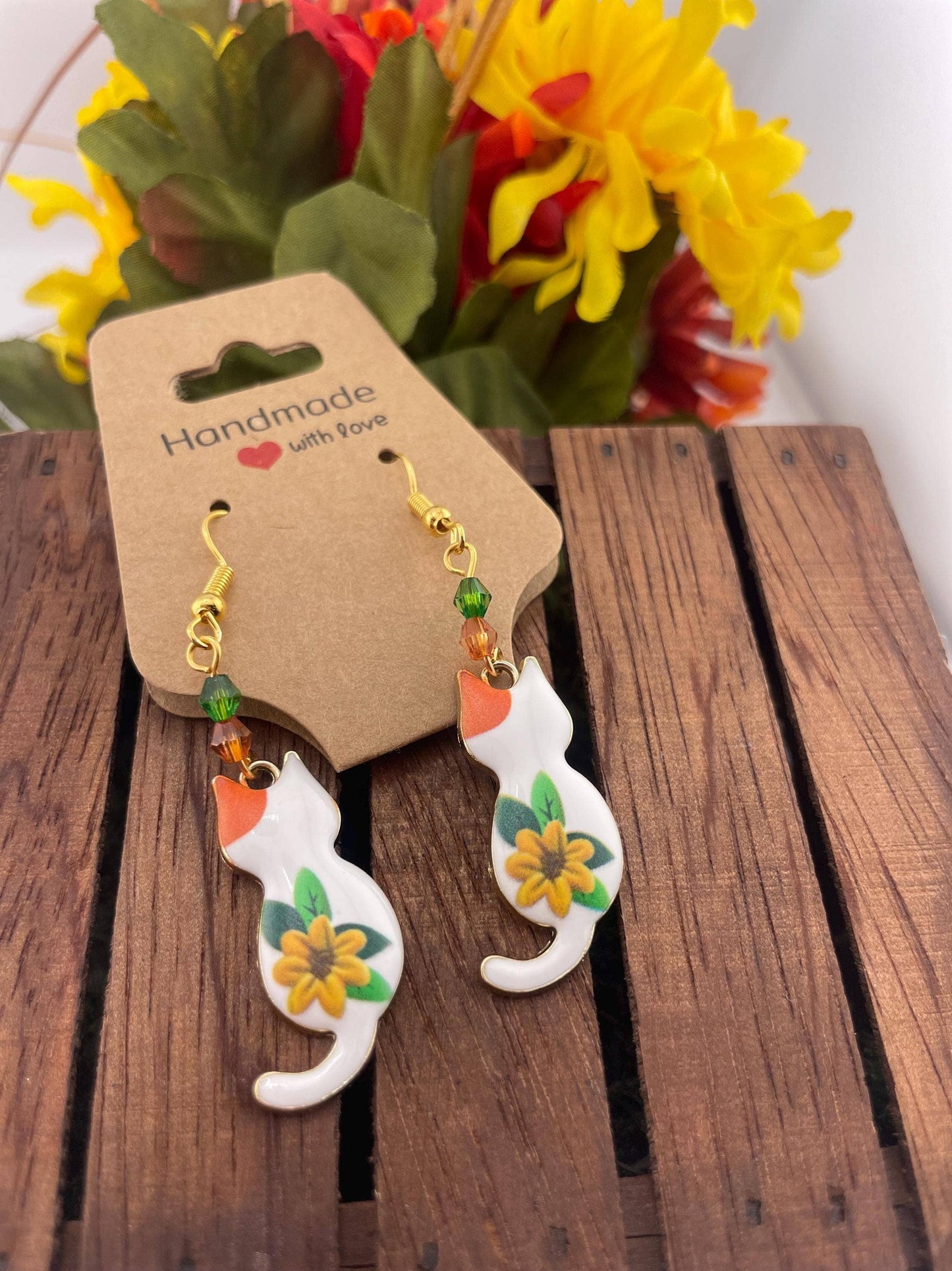 Gold Spring Beaded Cat Earrings with Sunflower | Floral: Chic in bloom